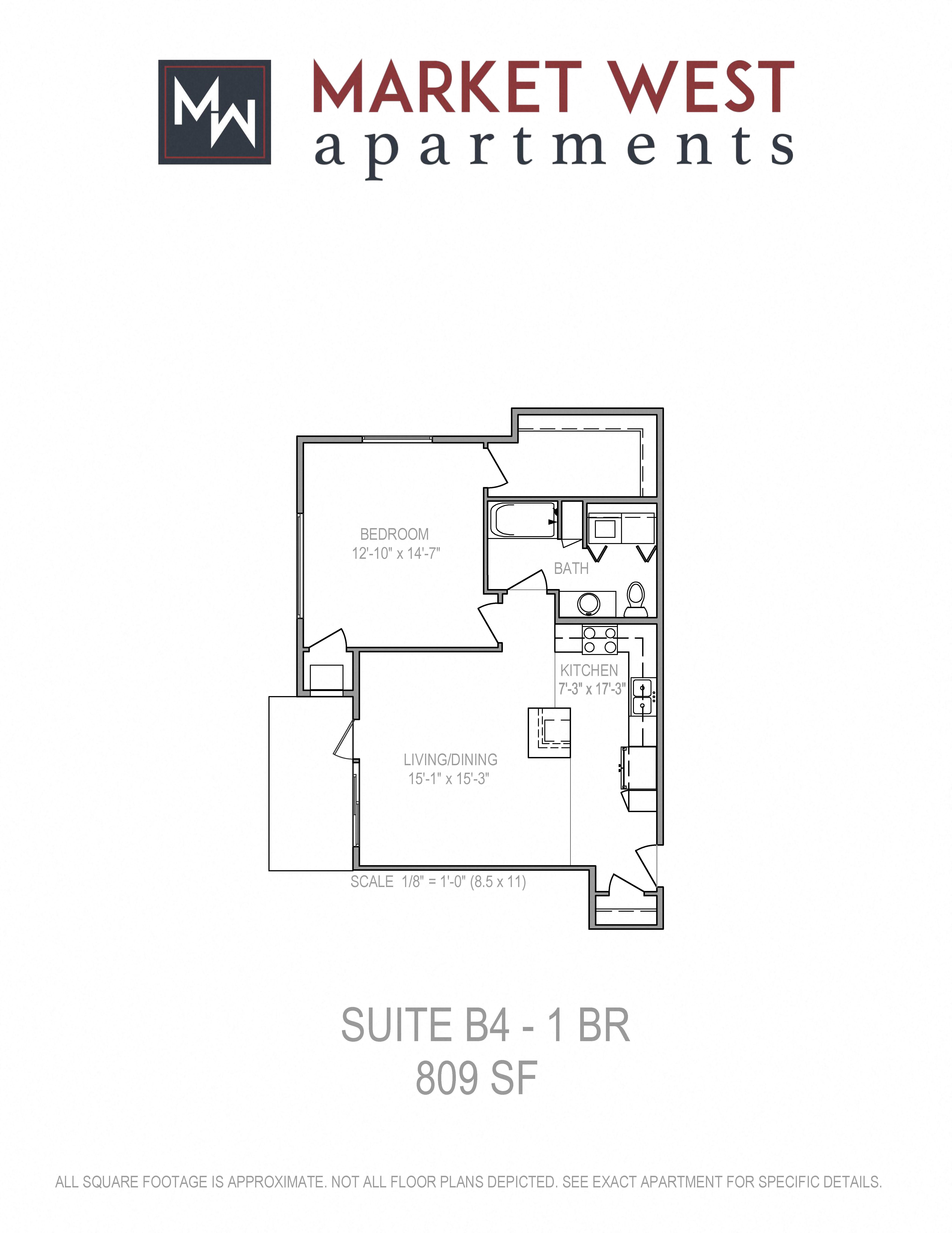 Floor plan for 1 bed, 1 bath, 809 sqft